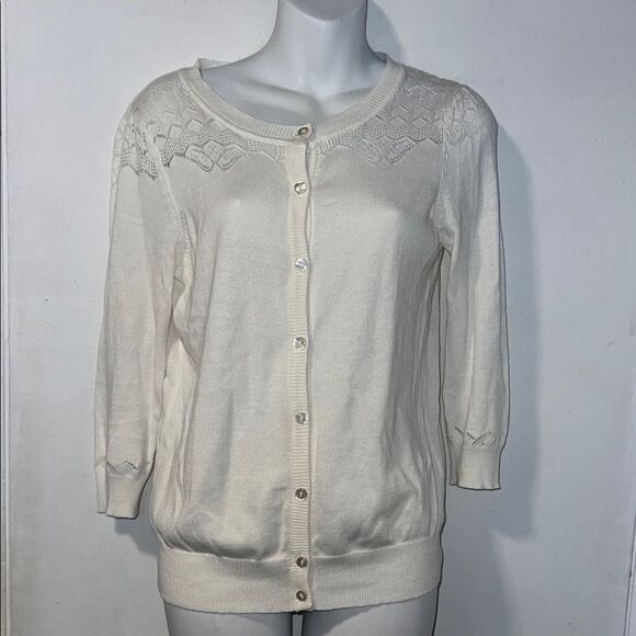 Mak Sweater Sweaters - MAK SWEATER White Button up 3/4 Sleeve Cradigan-S